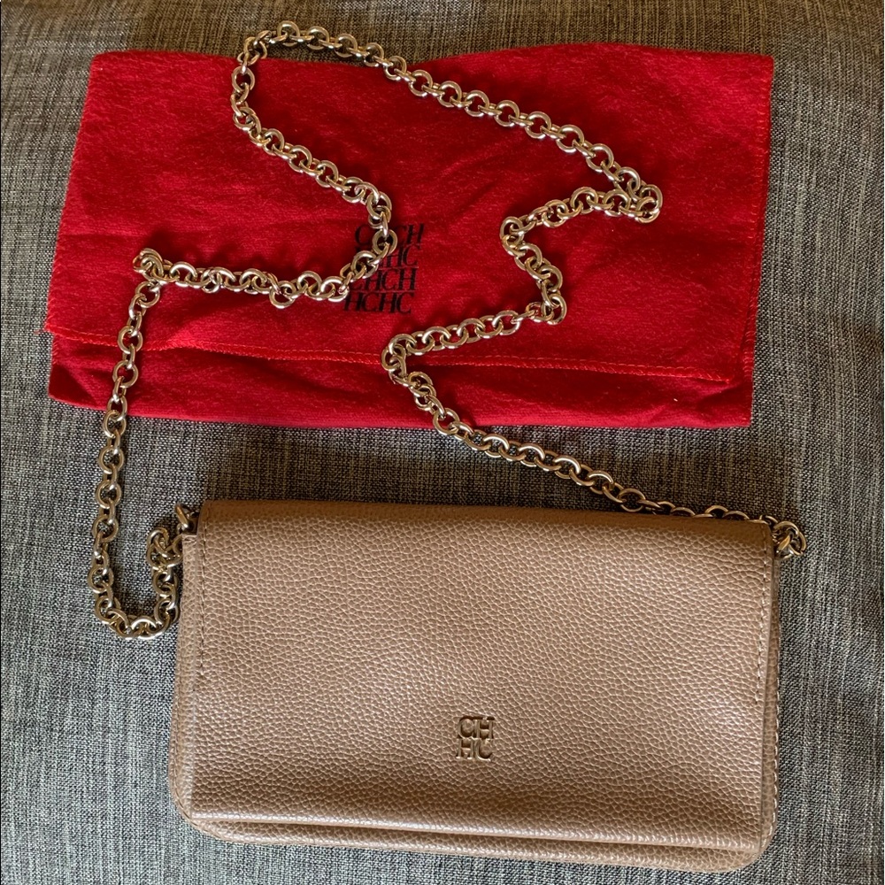 Carolina Herrera Beige Leather Flap Crossbody Bag
